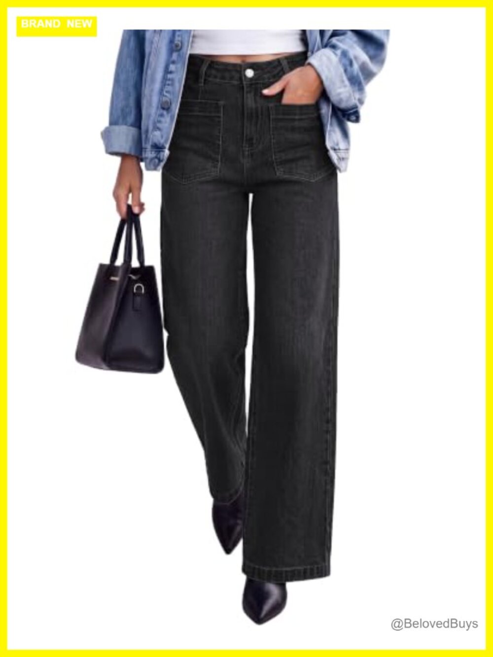 High Waisted Wide Leg Stretch Denim Jeans Patch Pocket
